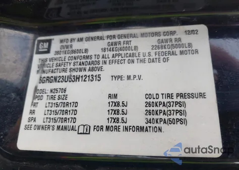 2003 Hummer H2 из США, поврежденный, VIN 5GRGN23U53H121315